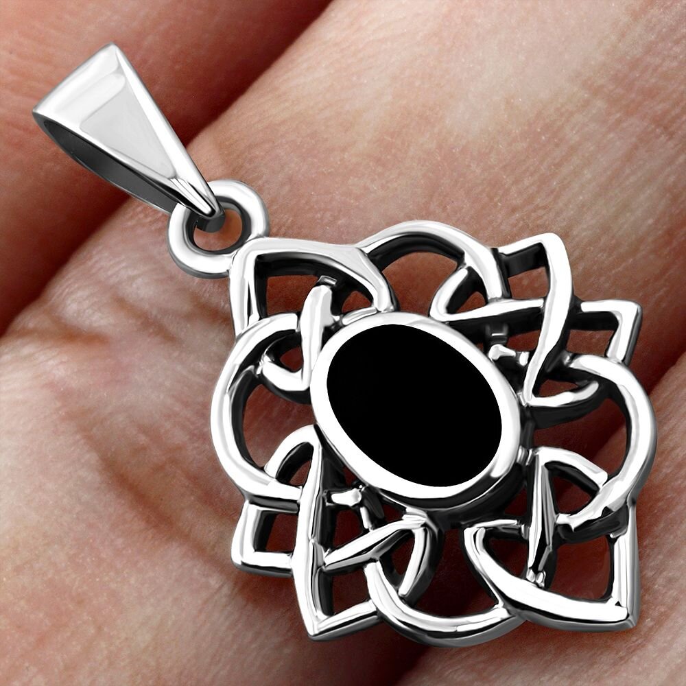 Celtic Stone Pendant- Celtic Knot Border with Black Onyx (Narrow)